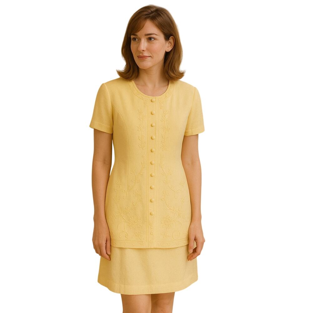 Vintage Karin Stevens butter yellow Buttoned knee Dress embroidered 14 modest